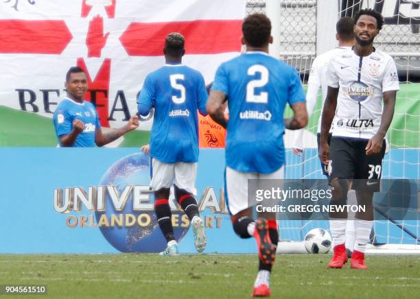 Alfredo Morelos of Scottish club Rangers FC waits to celebrate his goal with teammates during the second half of their game against Brazilian club...