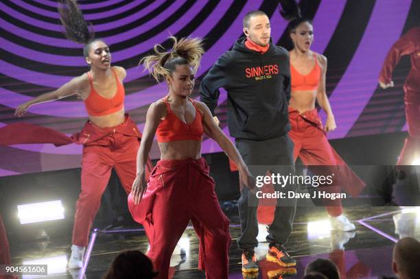 Images from this event are only to be used in relation to this event. Liam Payne performs at the BRIT Awards 2018 nominations at ITV Studios on...