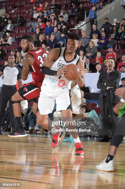 Kennedy Meeks of the Raptors 905 handles the ball during the NBA G-League Showcase Game 22 between the Sioux Falls Skyforce and the Raptors 905 on...