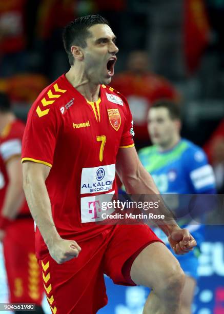 Kiril Lazarov of Macedonia celebrates during the Men's Handball European Championship Group C match between Macedonia and Slovenia at Arena Zagreb on...