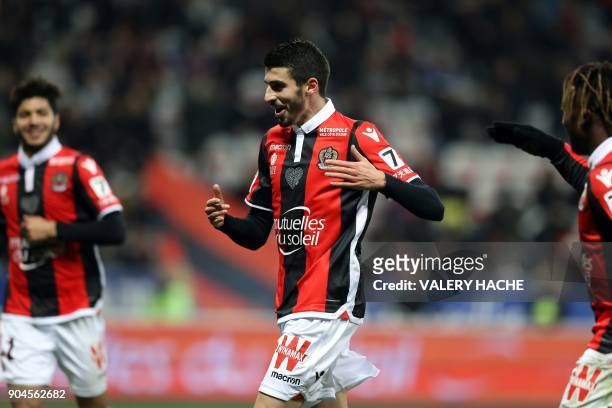 Nice's french midfielder Pierre Lees-Melou celebrates after scoring a goal during the French L1 football match Nice vs Amiens on January 13, 2018 at...