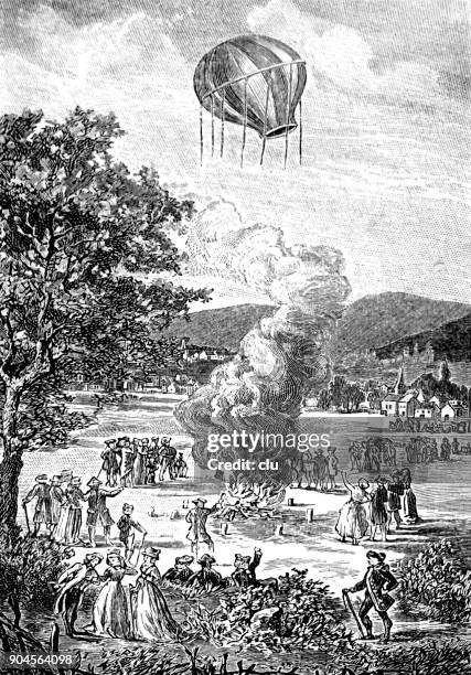 air vehicle: first attempt of a so-called montgolfiere in 1783 - annonay balloon stock illustrations