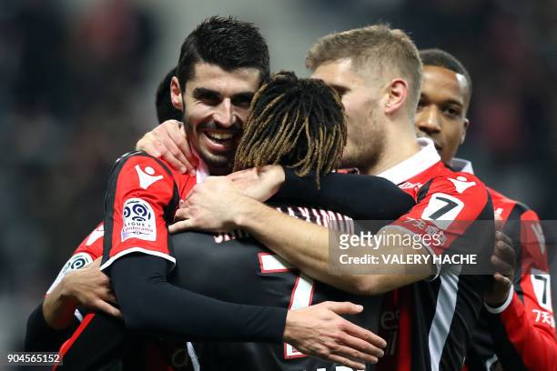Nice's french midfielder Pierre Lees-Melou celebrates after scoring a goal during the French L1 football match Nice vs Amiens on January 13, 2018 at...