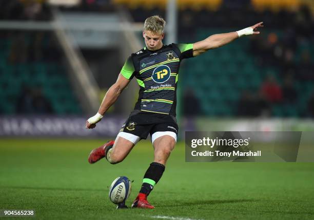 Harry Mallinder of Northampton Saints takes a conversion kick during the European Rugby Champions Cup match between Northampton Saints and ASM...