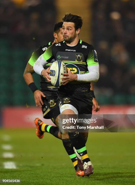 Ben Foden of Northampton Saints runs in to score a try during the European Rugby Champions Cup match between Northampton Saints and ASM Clermont...