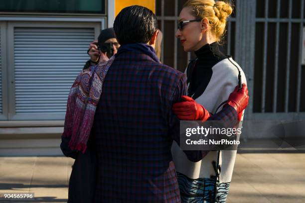 Elina Halimi is seen on the set of the Armani Advertising Campaign street style during Milan Men's Fashion Week Fall/Winter 2018/19 on January 13,...