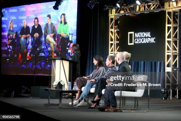 Actors Clemence Poesy and Antonio Banderas, showrunner/writer/EP Ken Biller, and actors Alex Rich and Samantha Colley via satellite, and CEO,...