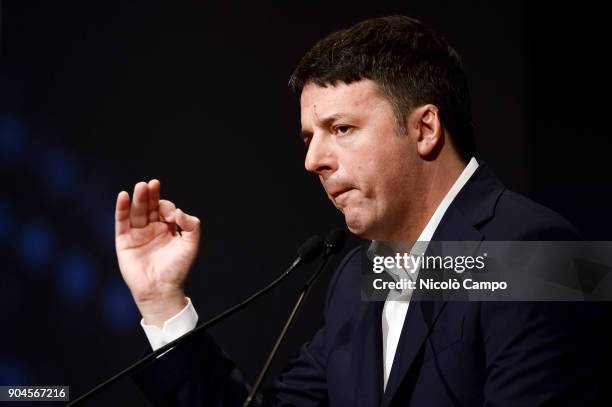 Matteo Renzi, Secretary of the Democratic Party and former Prime Minister of Italy, speaks on stage during a meeting called 'Energia Locale' with...