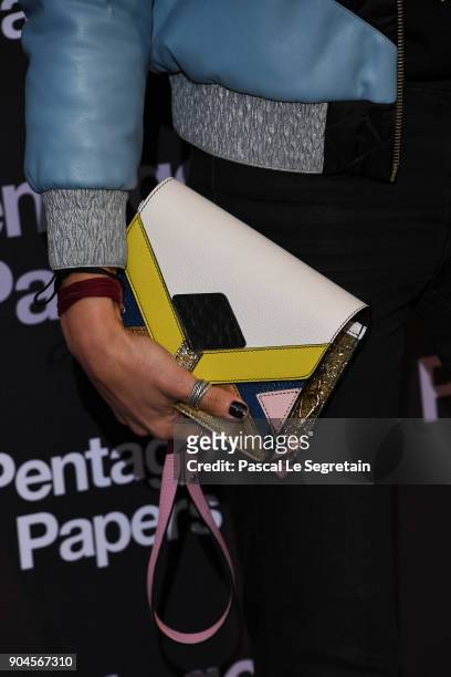 Pauline Lefevre,bag detail, attends "Pentagon Papers" Premiere at Cinema UGC Normandie on January 13, 2018 in Paris, France.