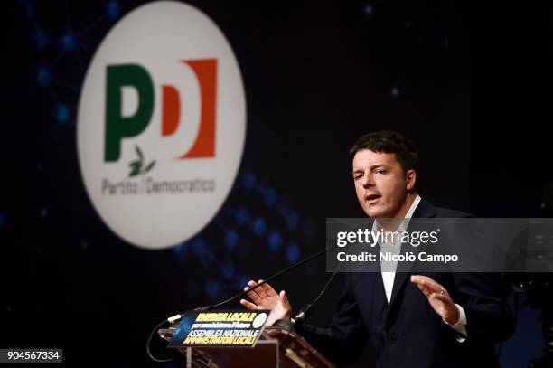 Matteo Renzi, Secretary of the Democratic Party and former Prime Minister of Italy, speaks on stage during a meeting called 'Energia Locale' with...