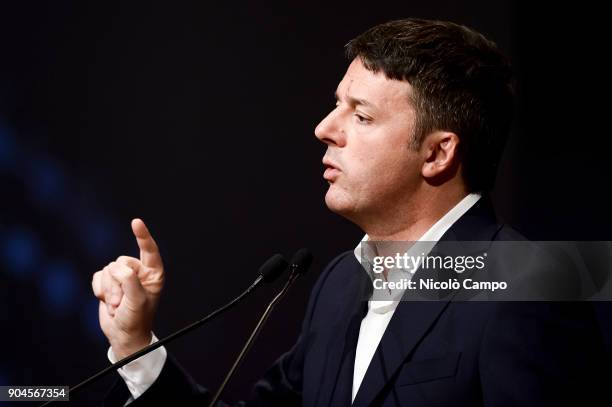 Matteo Renzi, Secretary of the Democratic Party and former Prime Minister of Italy, speaks on stage during a meeting called 'Energia Locale' with...