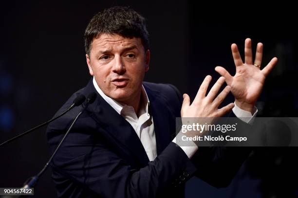 Matteo Renzi, Secretary of the Democratic Party and former Prime Minister of Italy, speaks on stage during a meeting called 'Energia Locale' with...