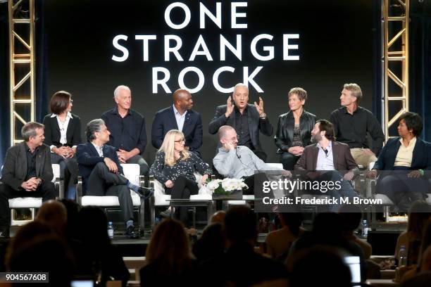 Astronaut Nicole Stott, Jeff Hoffman, Leland Melvin, Mike Massimino, Peggy Whitson, and Jerry Linenger, and astronaut Chris Hadfield, showrunner Arif...