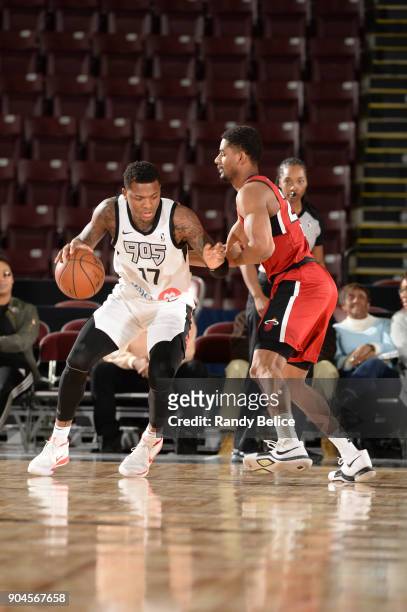 Fuquan Edwin of the Raptors 905 handles the ball during the NBA G-League Showcase Game 22 between the Sioux Falls Skyforce and the Raptors 905 on...