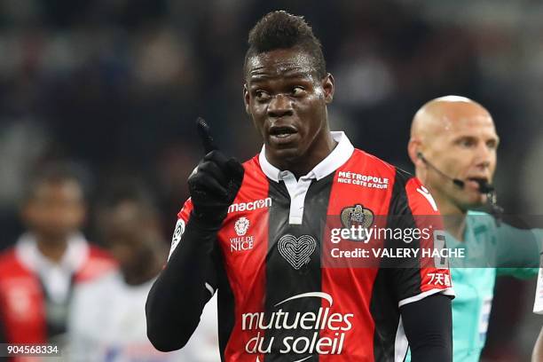 Nice's Italian forward Mario Balotelli reacts during the French L1 football match Nice vs Amiens on January 13, 2018 at the "Allianz Riviera" stadium...