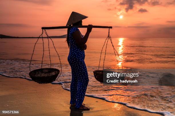vietnamese woman carrying fruits on the beach, vietnam - asian style conical hat stock pictures, royalty-free photos & images
