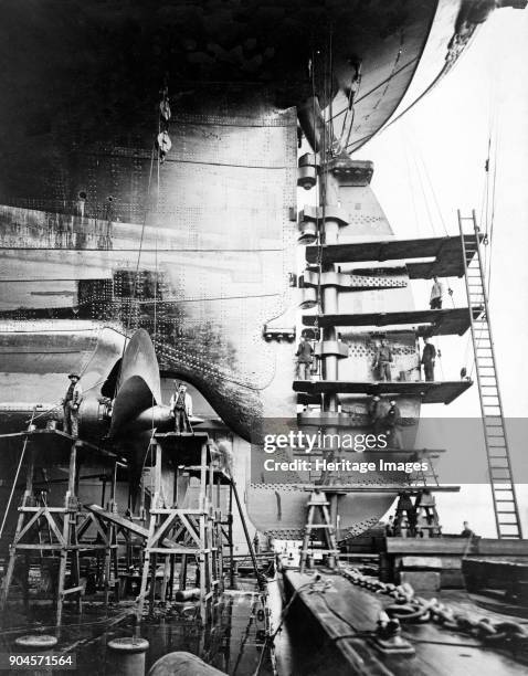 Rudder and screws of S.S. Imperator, c.1912 . Built for the Hamburg America line and launched 23rd May, 1912. It became RMS Berengaria in 1920 under...