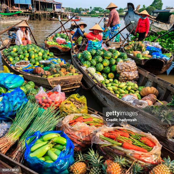 vietnamese vrouwen verkopen vruchten op de drijvende markt, mekong river delta, vietnam - floating market stockfoto's en -beelden