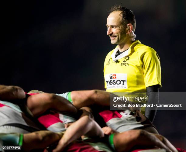 Referee Romain Poite during the European Rugby Champions Cup match between Harlequins and Wasps at Twickenham Stoop on January 13, 2018 in London,...