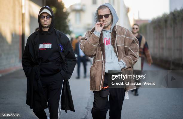 Alessandro Altomare wearing track suit pants, cap is seen outside Diesel during Milan Men's Fashion Week Fall/Winter 2018/19 on January 13, 2018 in...