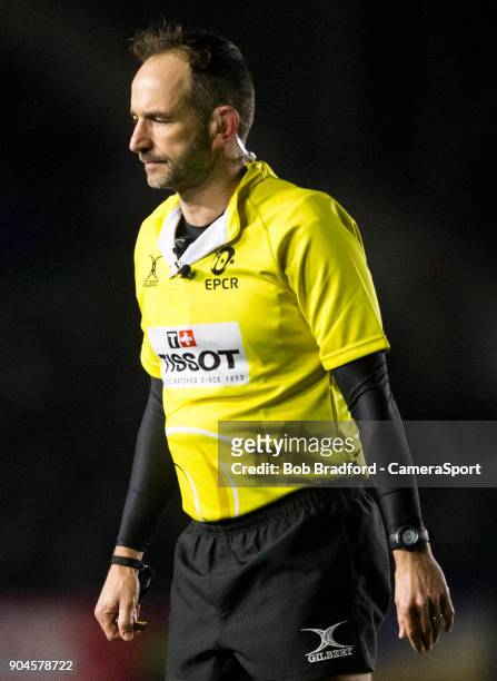 Referee Romain Poite during the European Rugby Champions Cup match between Harlequins and Wasps at Twickenham Stoop on January 13, 2018 in London,...
