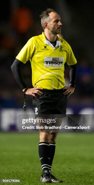 Referee Romain Poite during the European Rugby Champions Cup match between Harlequins and Wasps at Twickenham Stoop on January 13, 2018 in London,...