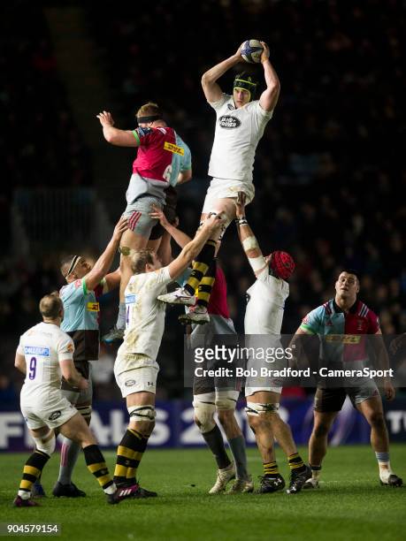 Wasps' James Gaskell claims a line out during the European Rugby Champions Cup match between Harlequins and Wasps at Twickenham Stoop on January 13,...