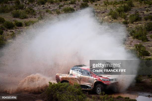 Toyota's driver Giniel De Villiers of South Africa and his co-driver Dirk Von Zitzewitz of Germany compete during Stage 7 of the 2018 Dakar Rally...