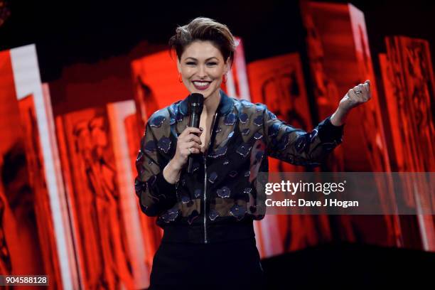 Images from this event are only to be used in relation to this event. Emma Willis speaks on stage at the BRIT Awards 2018 nominations at ITV Studios...