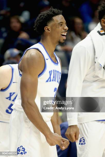 Quentin Goodin of the Xavier Musketeers celebrates against the Creighton Bluejays at Cintas Center on January 13, 2018 in Cincinnati, Ohio.