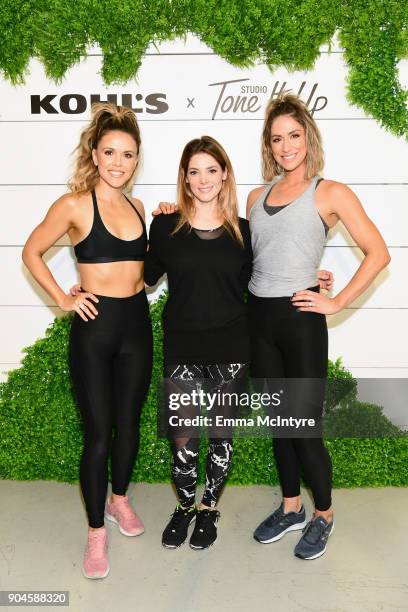 Katrina Scott, actor Ashley Greene, and Karena Dawn attend Kohl's x Studio Tone It Up at Barker Hangar on January 13, 2018 in Santa Monica,...