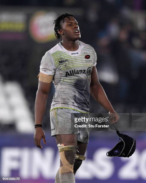 Saracens player Maro Itoje reacts after the European Rugby Champions Cup match between Ospreys and Saracens at Liberty Stadium on January 13, 2018 in...