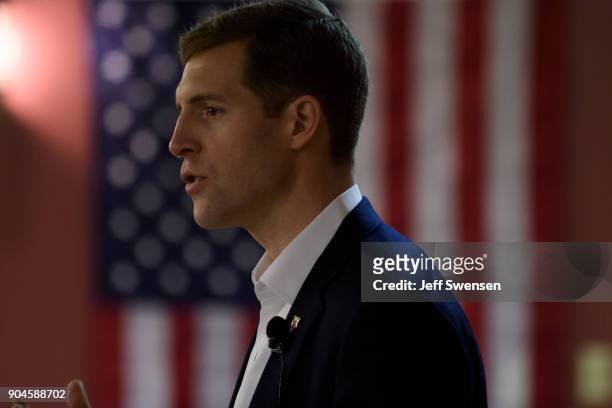 Democrat Conor Lamb, a former U.S. Attorney and US Marine Corps veteran running to represent Pennsylvania's 18th congressional district, speaks to an...