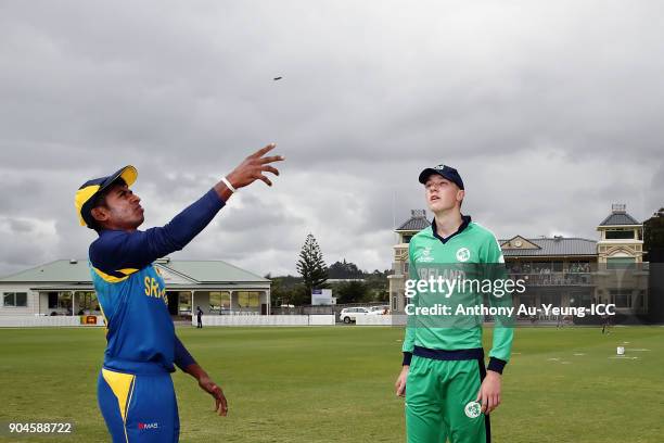 Kamindu Mendis of Sri Lanka and Harry Tector of Ireland during coin toss prior to the ICC U19 Cricket World Cup match between Sri Lanka and Ireland...