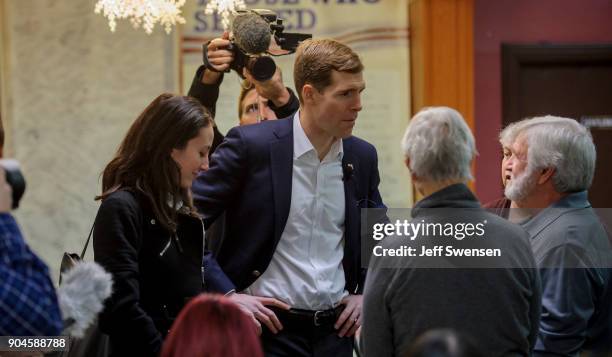 Democrat Conor Lamb, a former U.S. Attorney and US Marine Corps veteran running to represent Pennsylvania's 18th congressional district, before a...