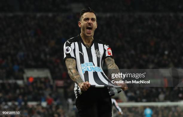 Joselu of Newcastle United celebrates after he scores his team's first goal during the Premier League match between Newcastle United and Swansea City...