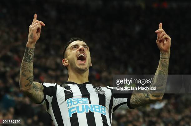 Joselu of Newcastle United celebrates after he scores his team's first goal during the Premier League match between Newcastle United and Swansea City...