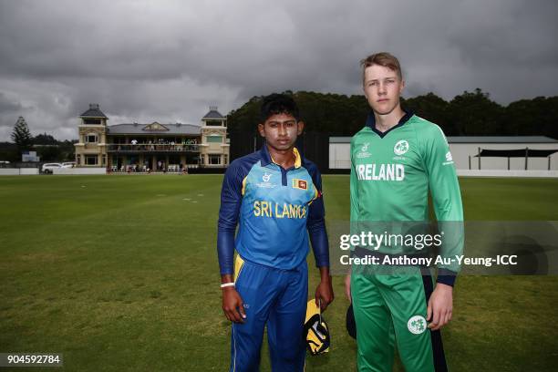 Kamindu Mendis of Sri Lanka and Harry Tector of Ireland pose for a photo prior to the ICC U19 Cricket World Cup match between Sri Lanka and Ireland...