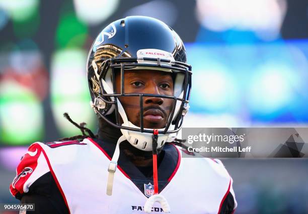 Cornerback Desmond Trufant of the Atlanta Falcons looks on during warmups before playing against the Philadelphia Eagles in the NFC Divisional...