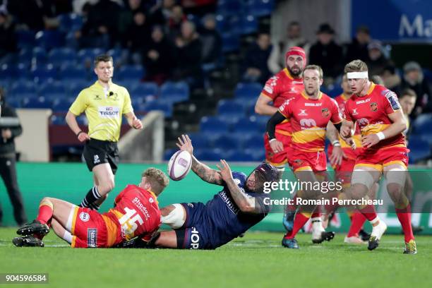 Ole Avei of Bordeaux in action during the European Rugby Challenge Cup match between Union Bordeaux Begles and Newport Dragons at stade Chaban Delmas...
