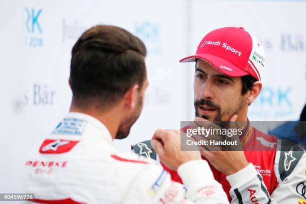 In this handout provided by FIA Formula E - Lucas Di Grassi , Audi Sport ABT Schaeffler, Audi e-tron FE04, with Jose Maria Lopez , Dragon, Penske...