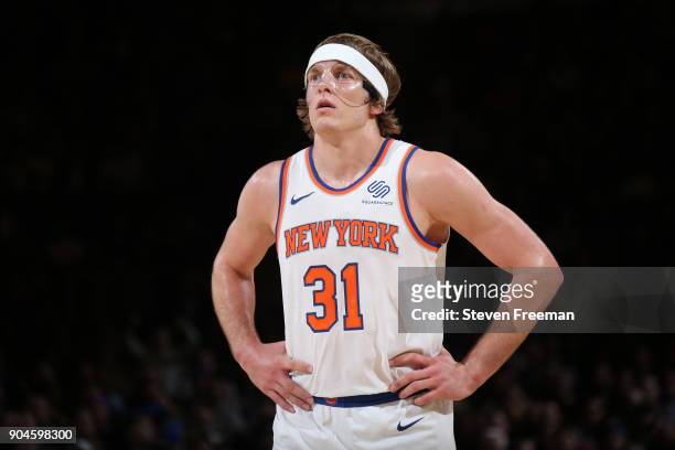Ron Baker of the New York Knicks looks on during game against the Chicago Bulls on January 10, 2018 at Madison Square Garden in New York City, New...