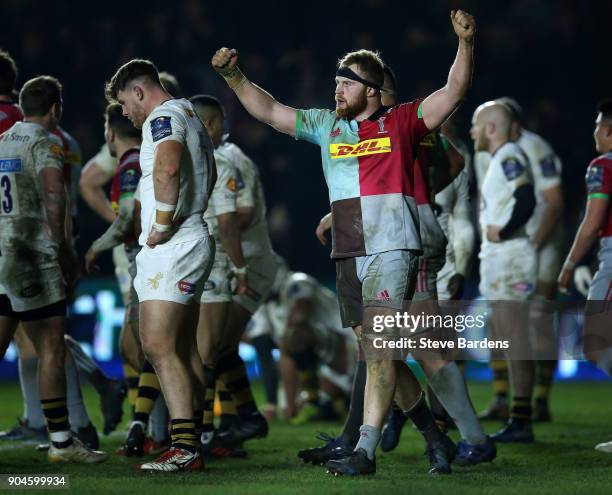 James Chisholm of Harlequins celebrates scoring the winning try during the European Rugby Champions Cup match between Harlequins and Wasps at...