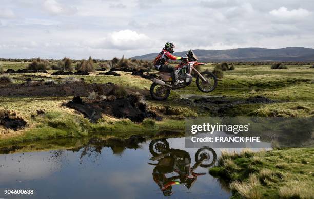 Honda's Spanish biker Joan Barreda Bort competes during Stage 7 of the 2018 Dakar Rally between La Paz and Uyuni, Bolivia, on January 13, 2018. / AFP...