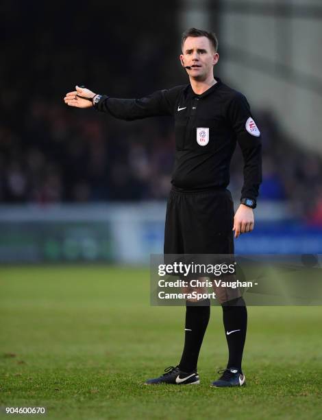 Referee Ross Joyce during the Sky Bet League Two match between Lincoln City and Notts County at Sincil Bank Stadium on January 13, 2018 in Lincoln,...