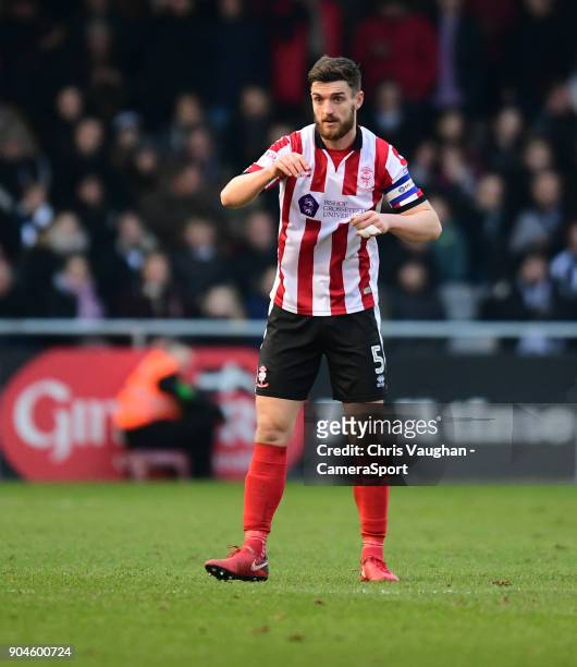 Lincoln City's Luke Waterfall during the Sky Bet League Two match between Lincoln City and Notts County at Sincil Bank Stadium on January 13, 2018 in...