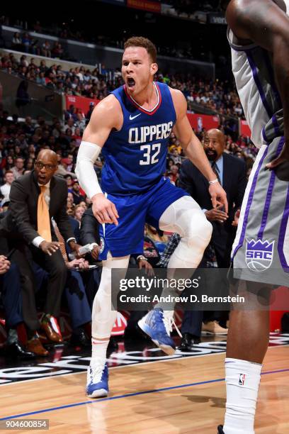 Blake Griffin of the LA Clippers reacts during the game against the Sacramento Kings on January 13, 2018 at STAPLES Center in Los Angeles,...