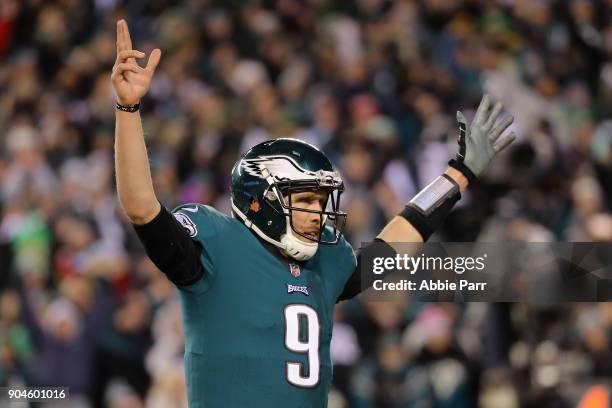 Nick Foles of the Philadelphia Eagles celebrates after LeGarrette Blount scored a 1 yard touchdown against the Atlanta Falcons during the second...