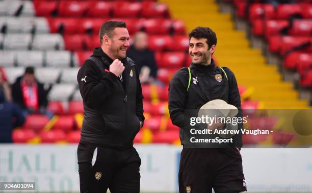 Notts County manager Kevin Nolan with Mike Edwards prior to the Sky Bet League Two match between Lincoln City and Notts County at Sincil Bank Stadium...