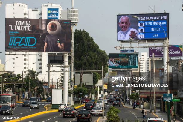 Billboard welcoming Pope Francis to Peru is seen in Lima on January 13, 2018. Pope Francis will visit the cities of Puerto Maldonado, Trujillo and...